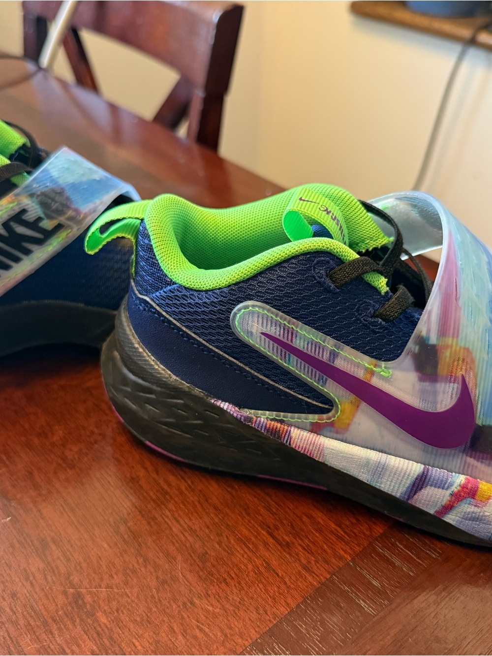Nike Navy Sneakers with Lime Green Lining and Purple Swoosh